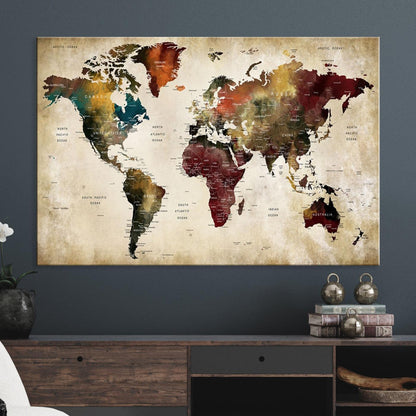 63870-MGV-CV-36X24-Large World Map Wall Art Canvas Print, Push Pin Map Print, Framed Abstract Traveller Map Art Print, Large Watercolor World Map Printing