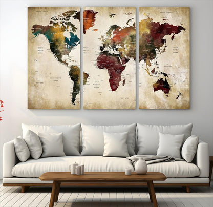 63870-MGV-CV-48X32-3P-Large World Map Wall Art Canvas Print, Push Pin Map Print, Framed Abstract Traveller Map Art Print, Large Watercolor World Map Printing