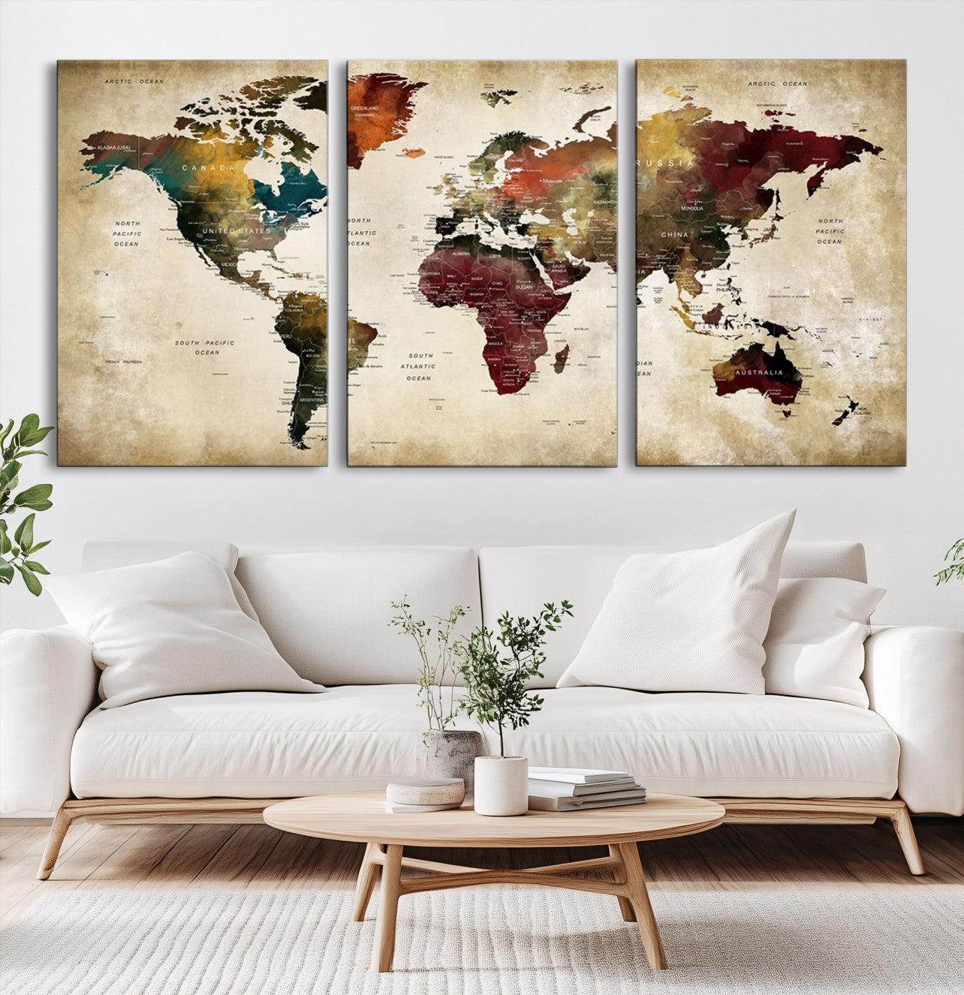 63870-MGV-CV-60X30-3P-Large World Map Wall Art Canvas Print, Push Pin Map Print, Framed Abstract Traveller Map Art Print, Large Watercolor World Map Printing