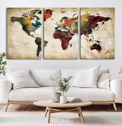 63870-MGV-CV-60X30-3P-Large World Map Wall Art Canvas Print, Push Pin Map Print, Framed Abstract Traveller Map Art Print, Large Watercolor World Map Printing