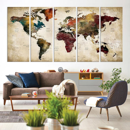 63870-MGV-CV-60X31-5P-Large World Map Wall Art Canvas Print, Push Pin Map Print, Framed Abstract Traveller Map Art Print, Large Watercolor World Map Printing