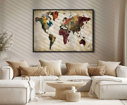 63870-MGV-FC-36X24_Black-Large World Map Wall Art Canvas Print, Push Pin Map Print, Framed Abstract Traveller Map Art Print, Large Watercolor World Map Printing