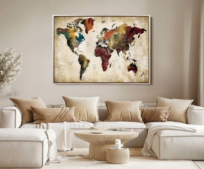 63870-MGV-FC-36X24_Natural-Large World Map Wall Art Canvas Print, Push Pin Map Print, Framed Abstract Traveller Map Art Print, Large Watercolor World Map Printing