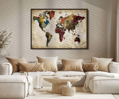 63870-MGV-FC-36X24_Walnut-Large World Map Wall Art Canvas Print, Push Pin Map Print, Framed Abstract Traveller Map Art Print, Large Watercolor World Map Printing