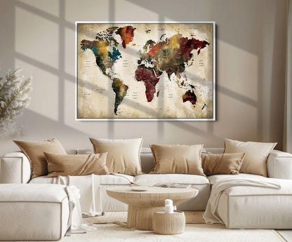 63870-MGV-FC-36X24_White-Large World Map Wall Art Canvas Print, Push Pin Map Print, Framed Abstract Traveller Map Art Print, Large Watercolor World Map Printing