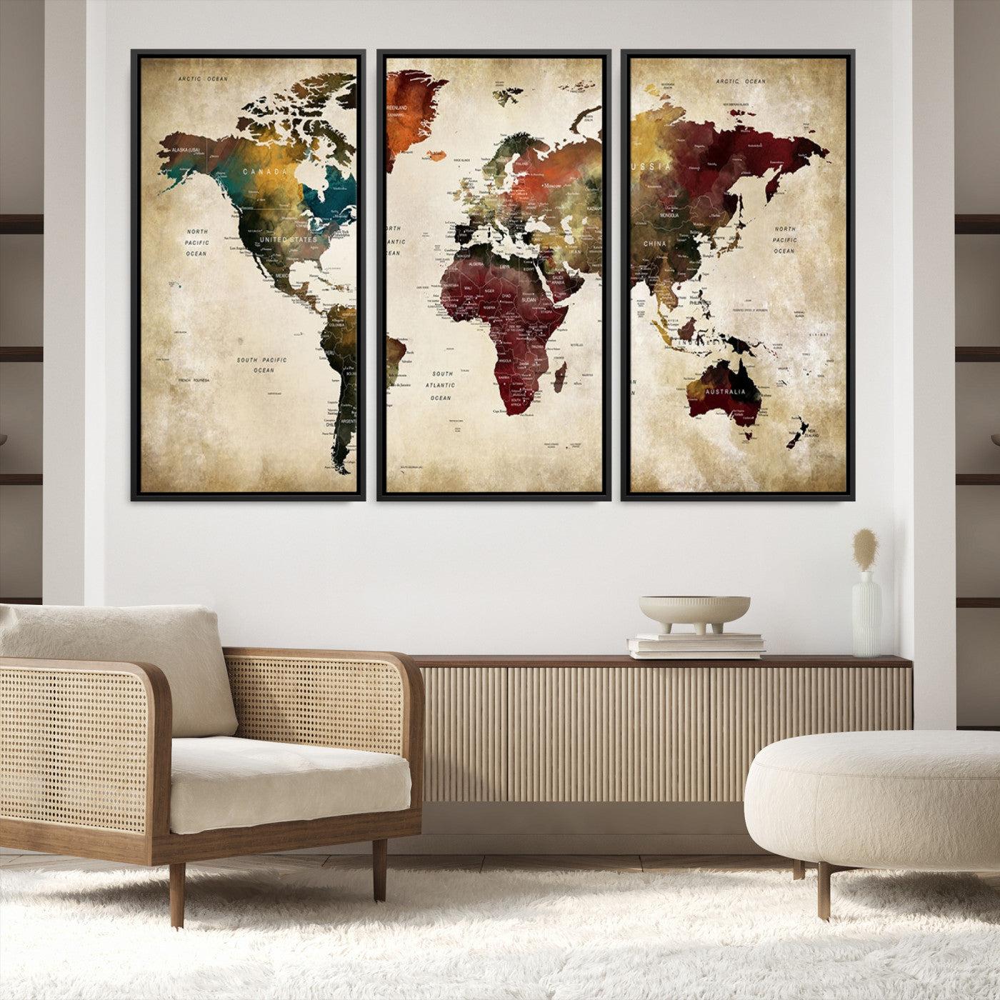 63870-MGV-FC-48X32-3P_Black-Large World Map Wall Art Canvas Print, Push Pin Map Print, Framed Abstract Traveller Map Art Print, Large Watercolor World Map Printing