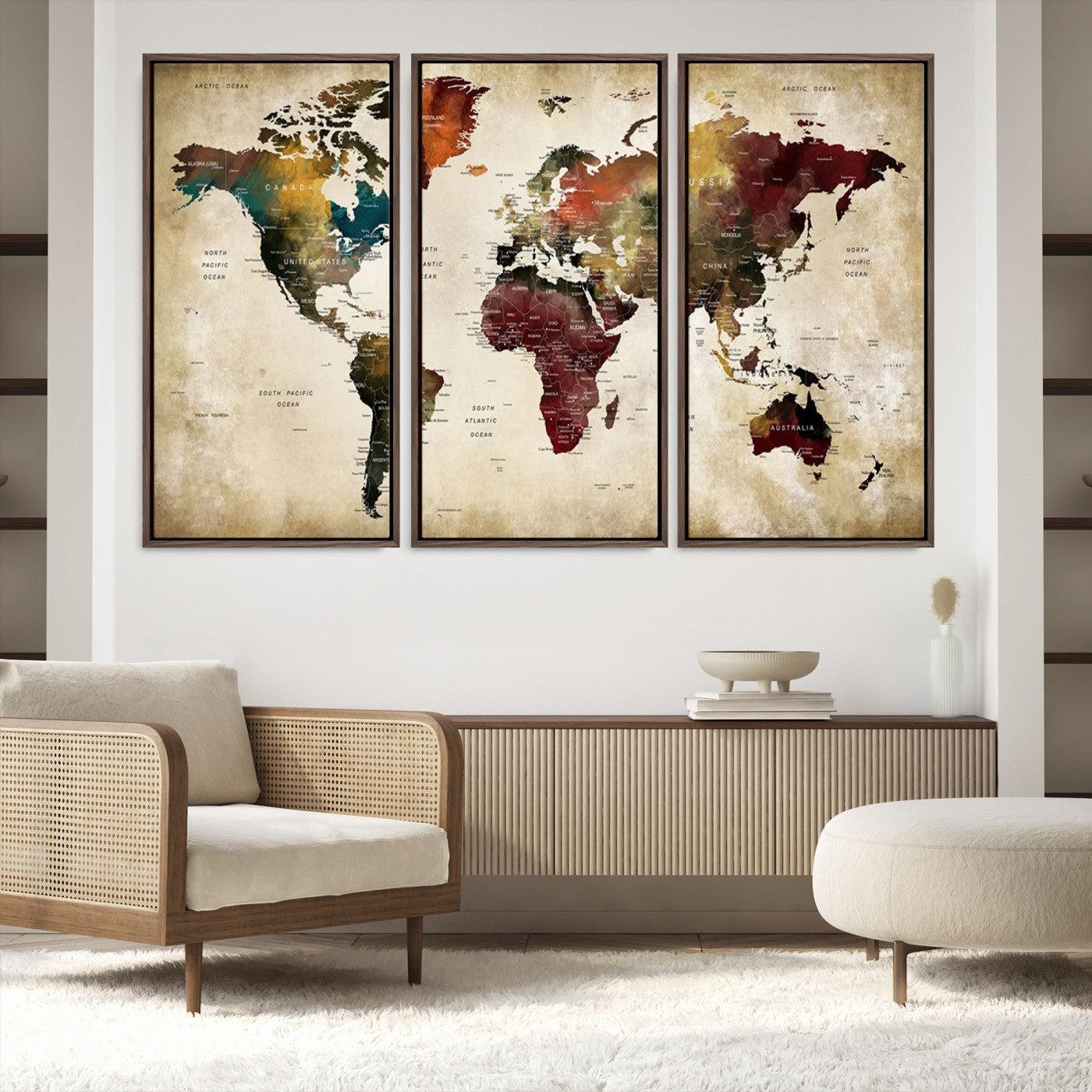 63870-MGV-FC-48X32-3P_Walnut-Large World Map Wall Art Canvas Print, Push Pin Map Print, Framed Abstract Traveller Map Art Print, Large Watercolor World Map Printing