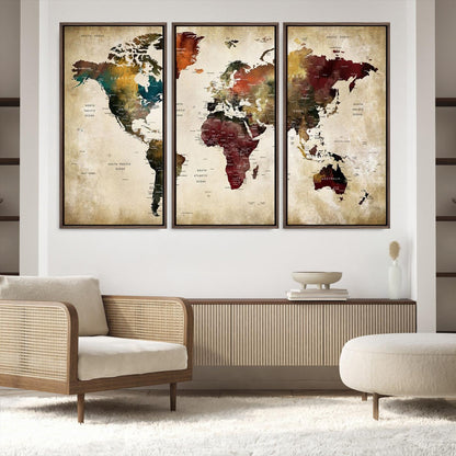 63870-MGV-FC-48X32-3P_Walnut-Large World Map Wall Art Canvas Print, Push Pin Map Print, Framed Abstract Traveller Map Art Print, Large Watercolor World Map Printing