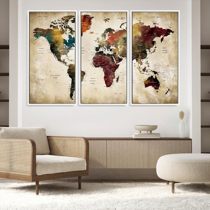 63870-MGV-FC-48X32-3P_White-Large World Map Wall Art Canvas Print, Push Pin Map Print, Framed Abstract Traveller Map Art Print, Large Watercolor World Map Printing