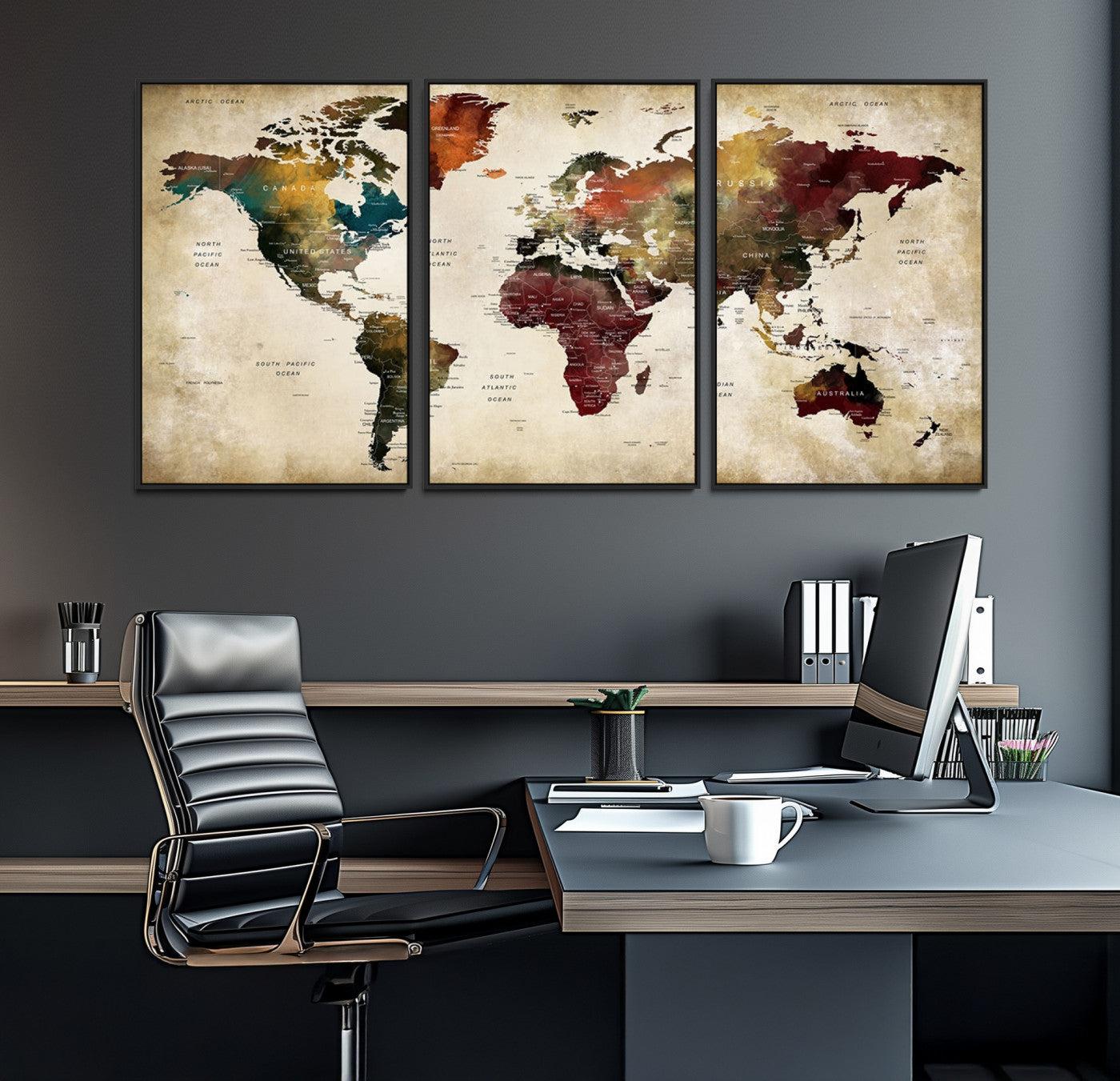 63870-MGV-FC-60X30-3P_Black-Large World Map Wall Art Canvas Print, Push Pin Map Print, Framed Abstract Traveller Map Art Print, Large Watercolor World Map Printing