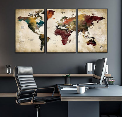 63870-MGV-FC-60X30-3P_Black-Large World Map Wall Art Canvas Print, Push Pin Map Print, Framed Abstract Traveller Map Art Print, Large Watercolor World Map Printing