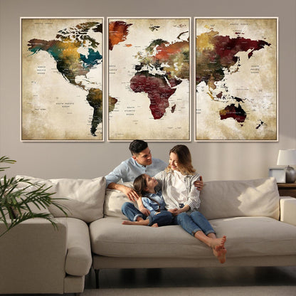 63870-MGV-FC-60X30-3P_Natural-Large World Map Wall Art Canvas Print, Push Pin Map Print, Framed Abstract Traveller Map Art Print, Large Watercolor World Map Printing