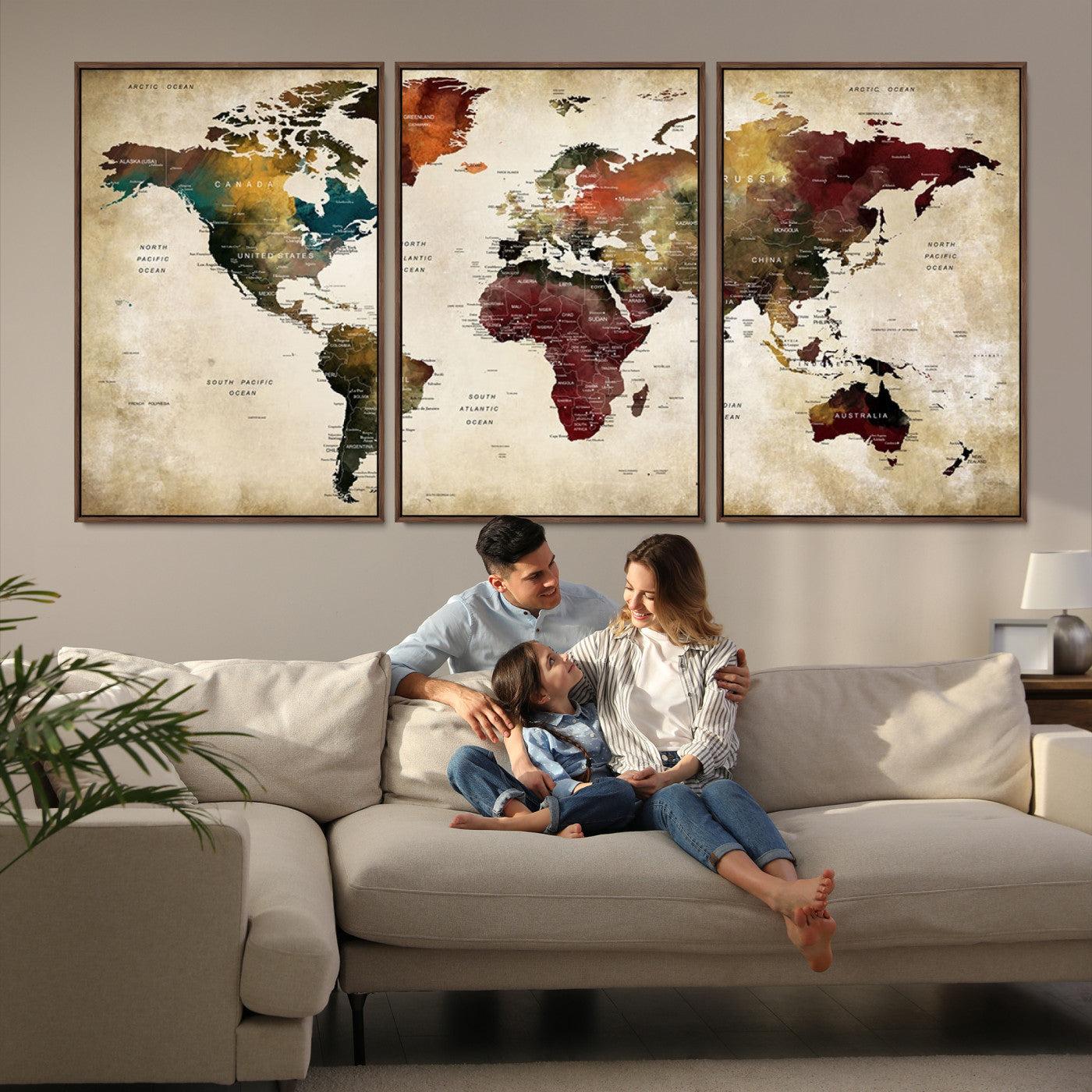 63870-MGV-FC-60X30-3P_Walnut-Large World Map Wall Art Canvas Print, Push Pin Map Print, Framed Abstract Traveller Map Art Print, Large Watercolor World Map Printing
