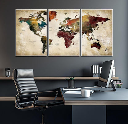 63870-MGV-FC-60X30-3P_White-Large World Map Wall Art Canvas Print, Push Pin Map Print, Framed Abstract Traveller Map Art Print, Large Watercolor World Map Printing