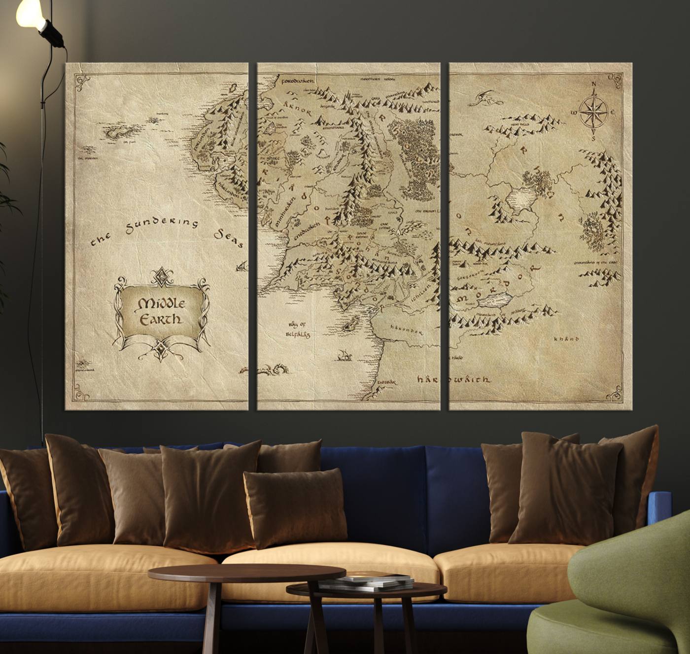 21784-MGV-CV-36X24-Lord Of The Rings Middle Earth Map Canvas Wall Art Print, Vintage Style Lord of the Rings Wall Art for Fantasy Decor