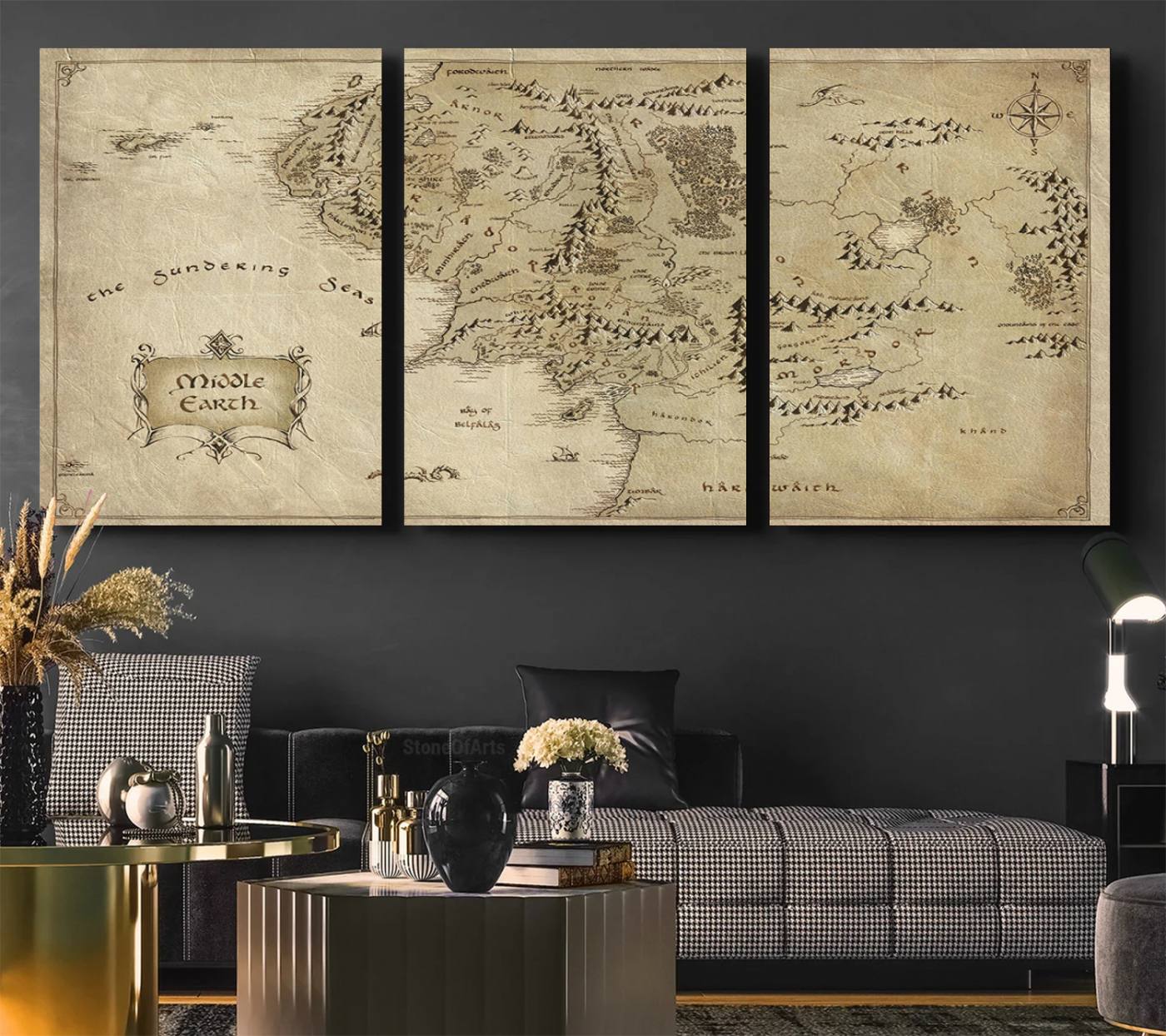 21784-MGV-CV-36X24-Lord Of The Rings Middle Earth Map Canvas Wall Art Print, Vintage Style Lord of the Rings Wall Art for Fantasy Decor