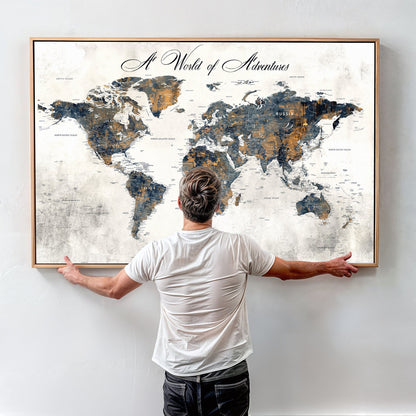 '-Personalized Push Pin World Map Wall Art, Customize Map Canvas Print, Adventure Black White Travel Decor for Couples for Anniversaries - H7