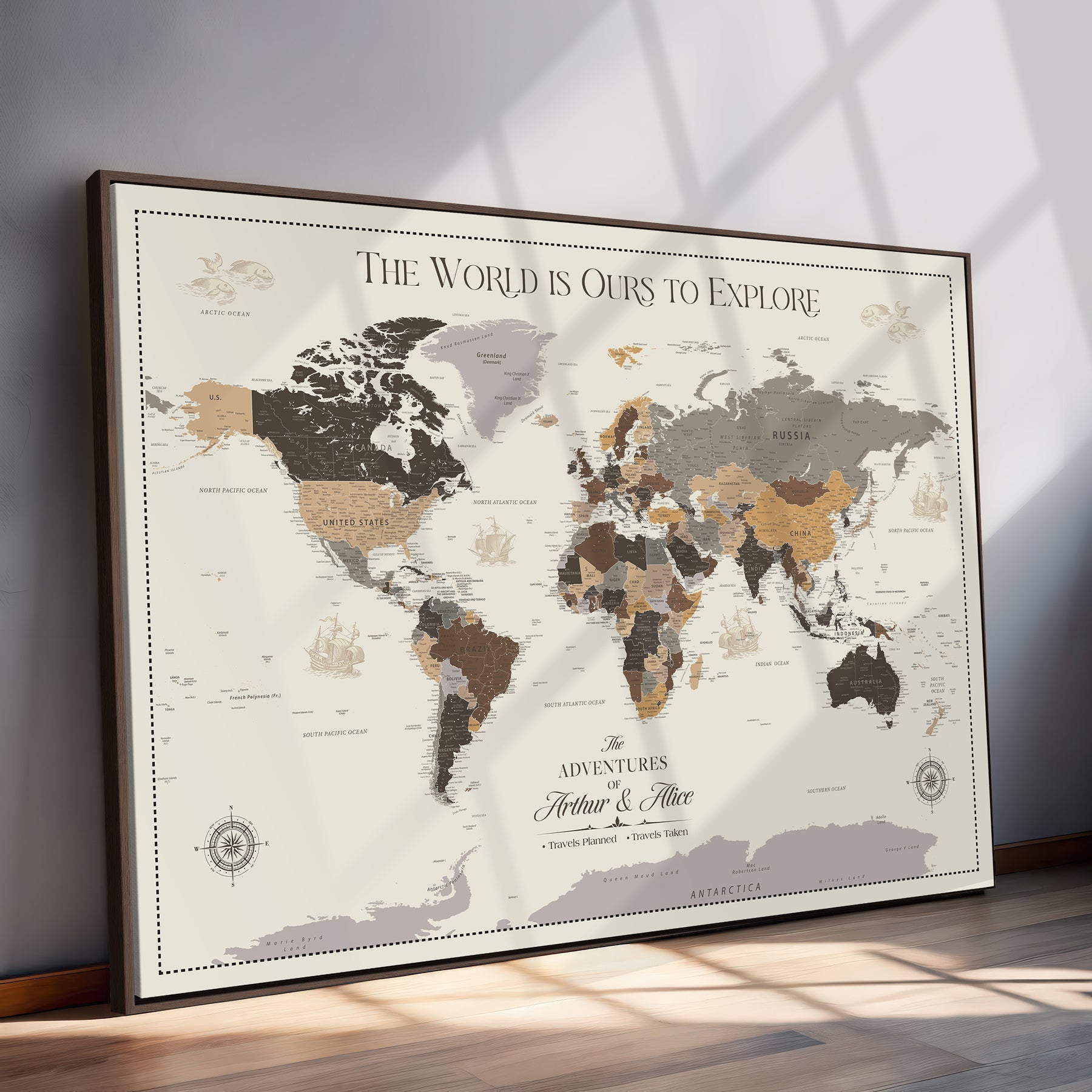 77826024-MGV-CV-36X24-Personalized Travel Map Canvas Print – Custom Framed Push Pin World Art Gift for Couples, Anniversaries, or Explorer-Themed Decor