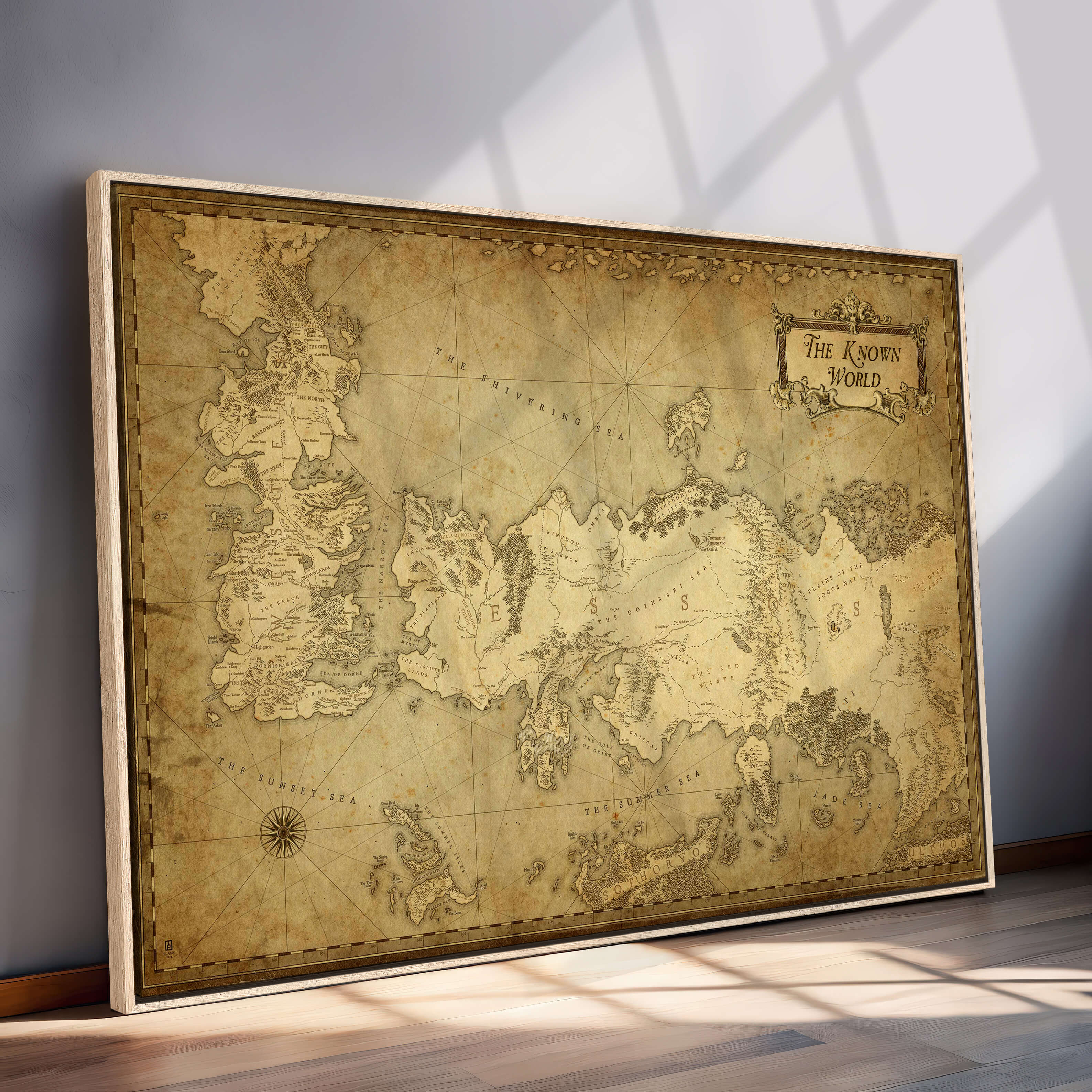 84658-MGV-CV-36X24-Vintage Game of Thrones Map Wall Art | Westeros and Essos Antique Style Print | The Known World in Triptych Canvas | Giclee Canvas for
