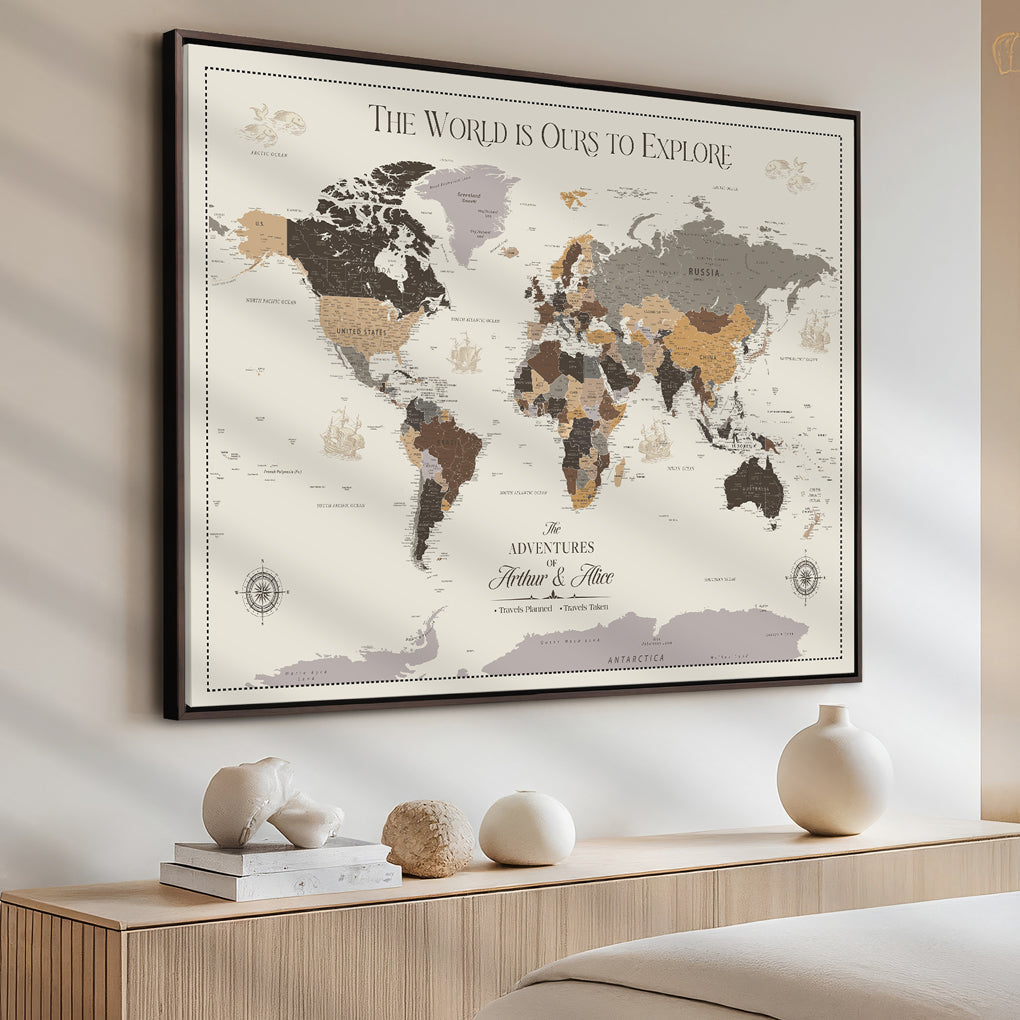 '-Framed Personalized World Map Push Pin Custom Travel Memory Gift Anniversary Canvas Wall Art for Couple Family Explorer Decor - H3O