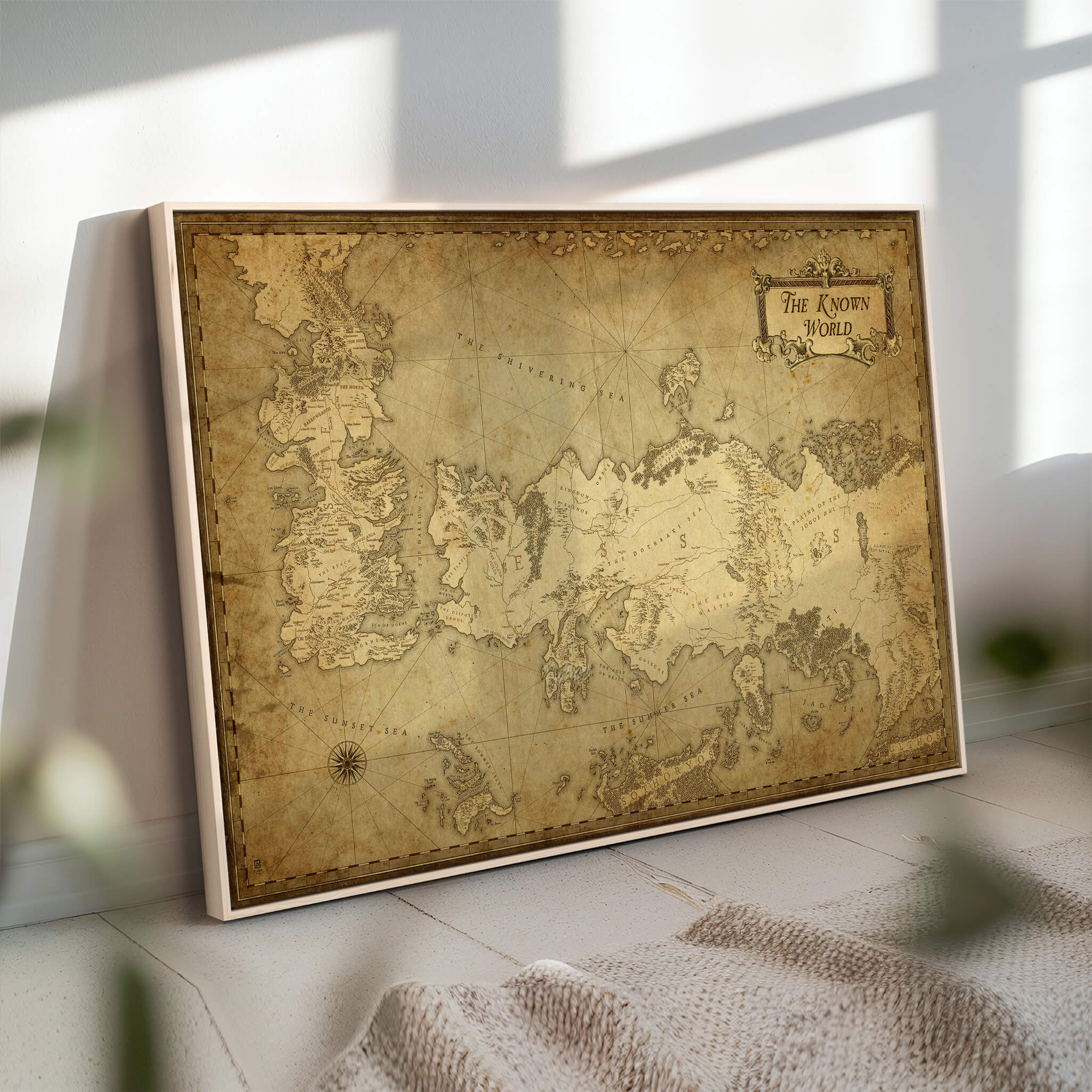 84658-MGV-CV-36X24-Vintage Game of Thrones Map Wall Art | Westeros and Essos Antique Style Print | The Known World in Triptych Canvas | Giclee Canvas for