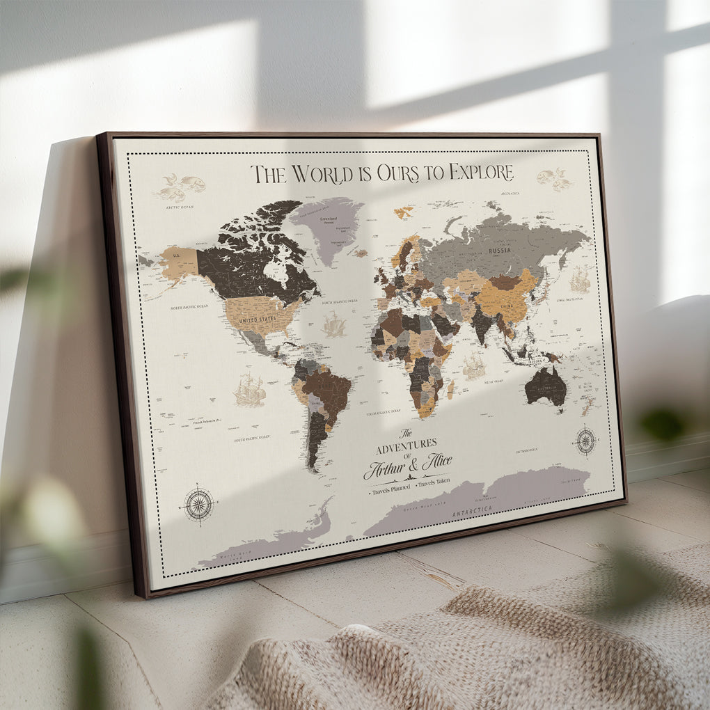 77826024-MGV-CV-36X24-Personalized Travel Map Canvas Print – Custom Framed Push Pin World Art Gift for Couples, Anniversaries, or Explorer-Themed Decor