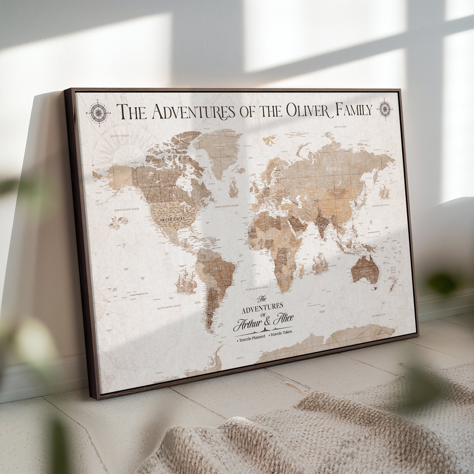 '-Personalized Framed World Map Canvas Wall Art Print – Custom Push Pin Travel Tracker Lover - Custom World Map on Canvas - H24