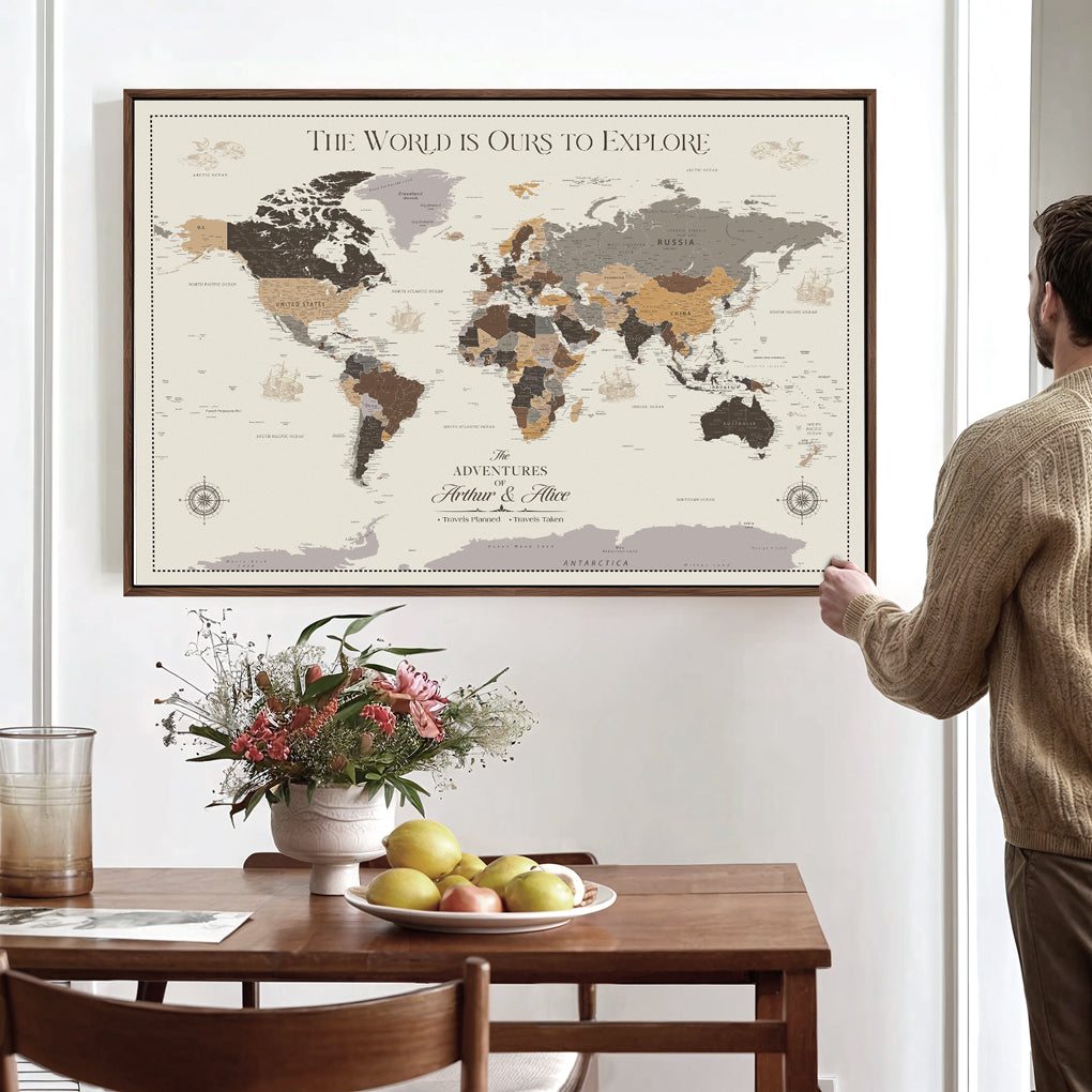 77826024-MGV-CV-36X24-Personalized Travel Map Canvas Print – Custom Framed Push Pin World Art Gift for Couples, Anniversaries, or Explorer-Themed Decor