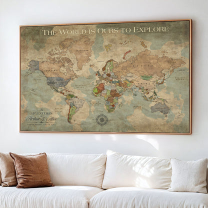 36424712-MGV-CV-36X24-Custom Push Pin World Map Print – Personalized Canvas Wall Art for Travel Memories, Framed Gift for Couples, Anniversaries, or Weddings
