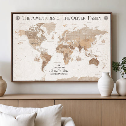 '-Personalized Framed World Map Canvas Wall Art Print – Custom Push Pin Travel Tracker Lover - Custom World Map on Canvas - H24