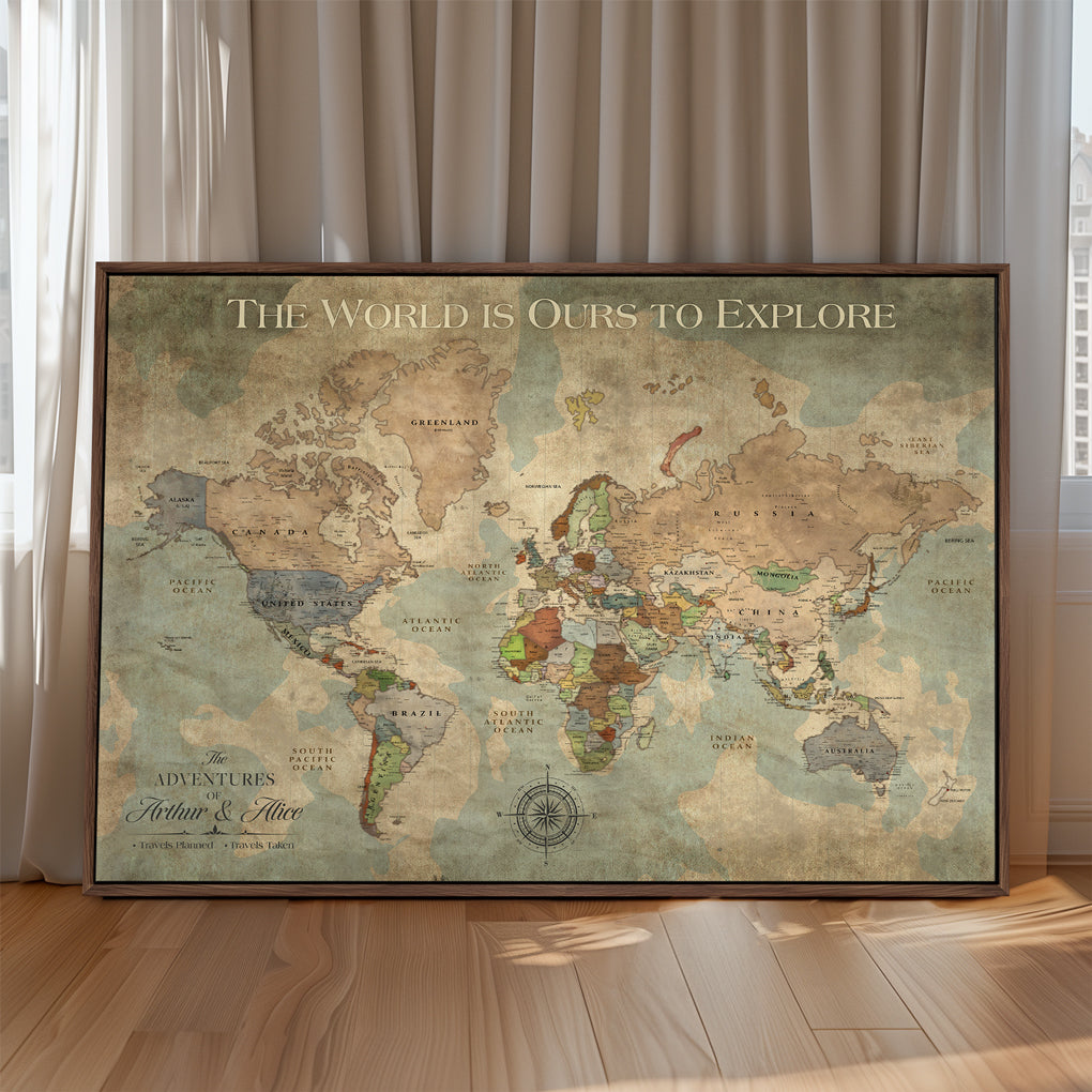 45566494-MGV-CV-36X24-Framed Personalized Push Pin World Map Custom Travel Wall Art Gift Anniversary Canvas for Home Decoration Adventure Collectors