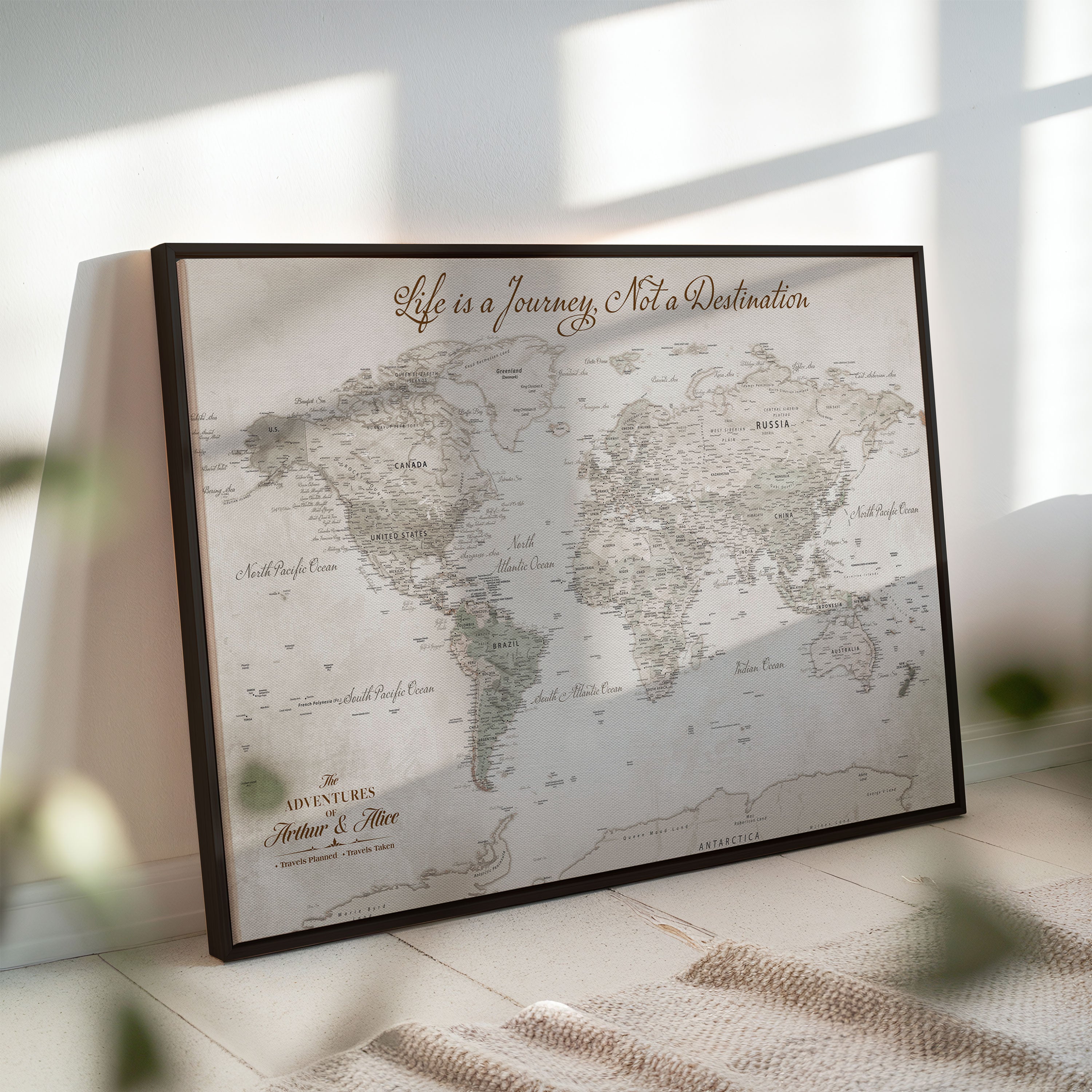 Custom Push Pin World Map Wall Canvas Print – Personalized Travel Tracker with Pins – Framed Custom Quotie Canvas for Home Office Decor