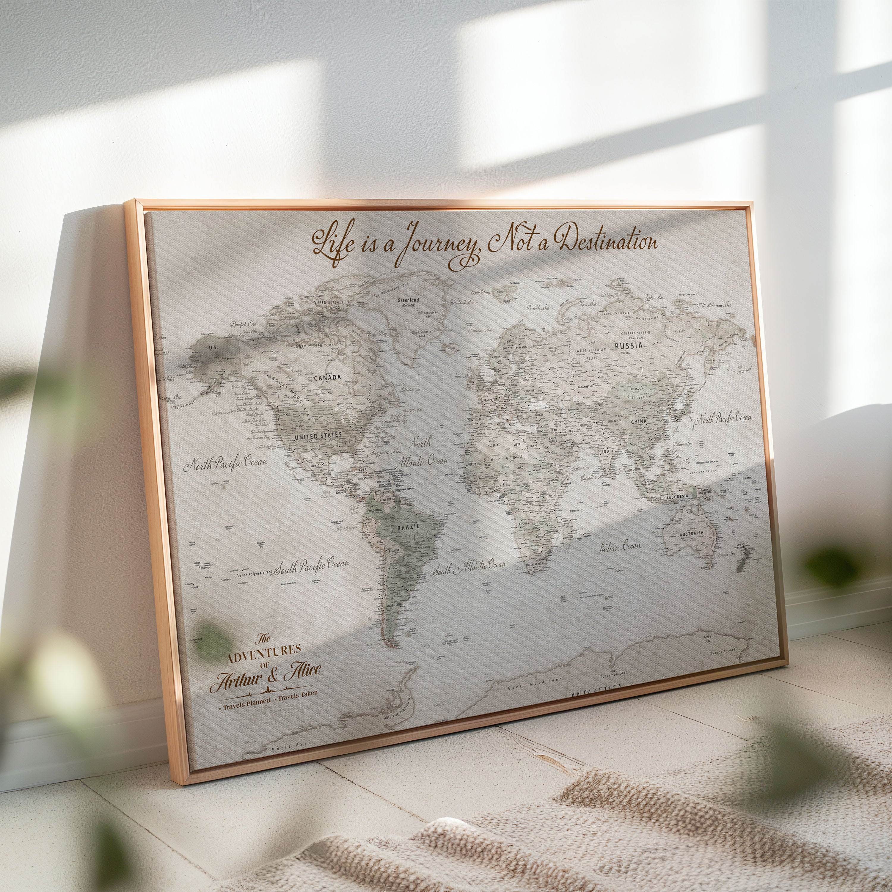 Custom Push Pin World Map Wall Canvas Print – Personalized Travel Tracker with Pins – Framed Custom Quotie Canvas for Home Office Decor