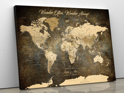 77826024S-MGV-CV-36X24-Personalized World Map Wall Art Print – Custom Push Pin Canvas Design, Framed Gift for Travel Memories, Couples or Special Occasions