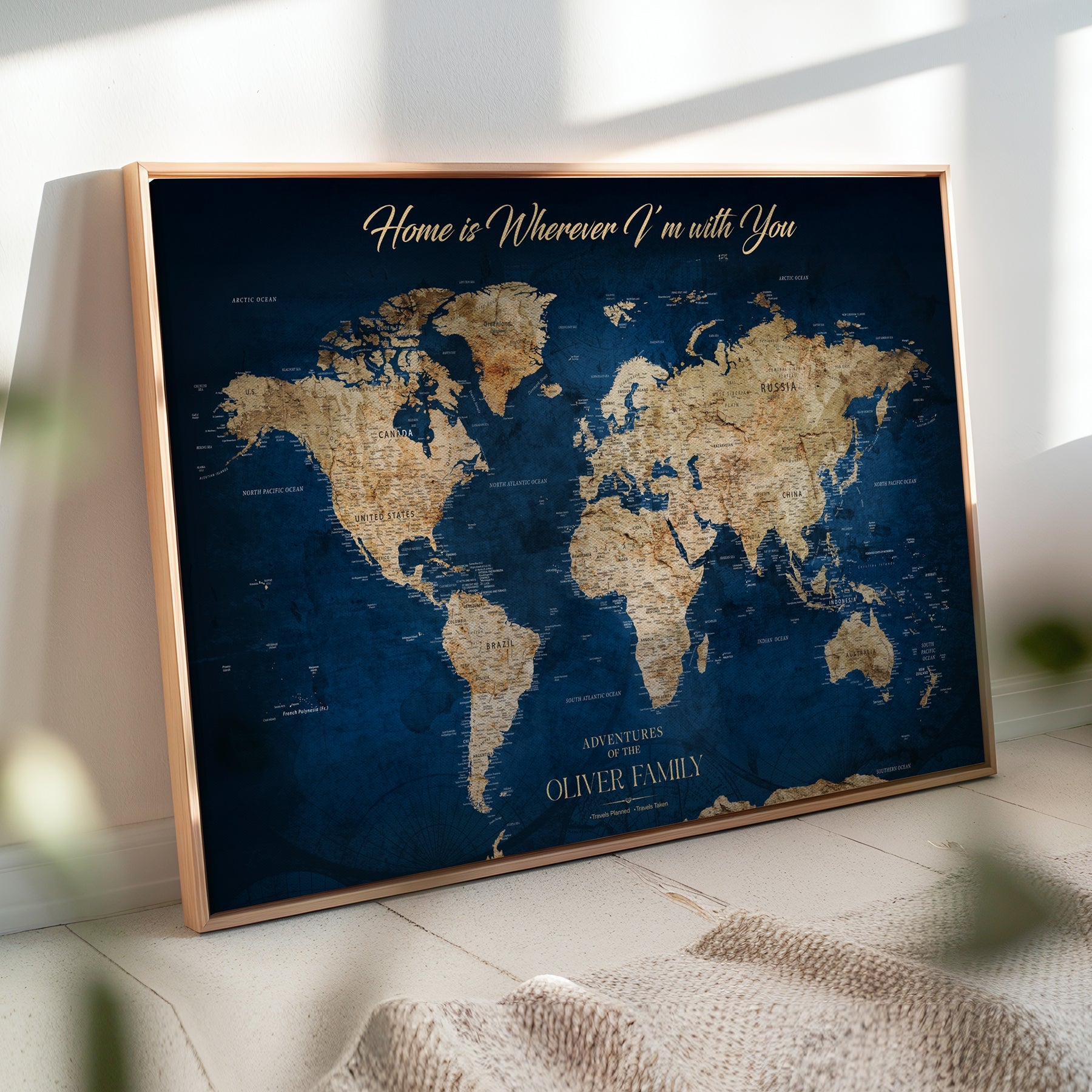 45566494-MGV-CV-36X24-Custom Push Pin World Map Personalized Travel Tracker Canvas Gift Framed Anniversary Decor for Couples or Family Adventures