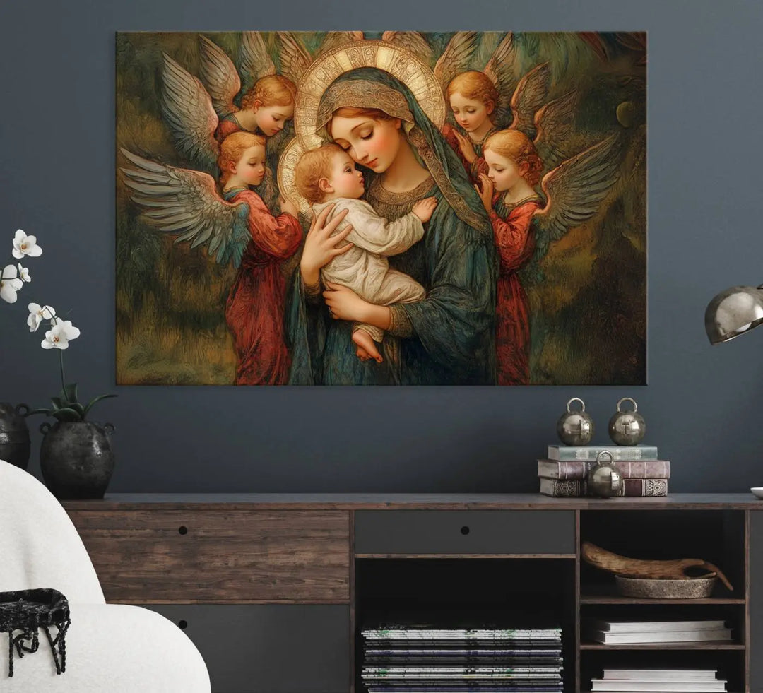 Mary Jesus Canvas Wall Art Print - Madonna and Child with Apostles Art Print - Classic Christian Artwork Print for Prayer or Church Decor