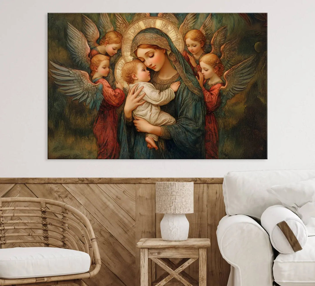 Mary Jesus Canvas Wall Art Print - Madonna and Child with Apostles Art Print - Classic Christian Artwork Print for Prayer or Church Decor