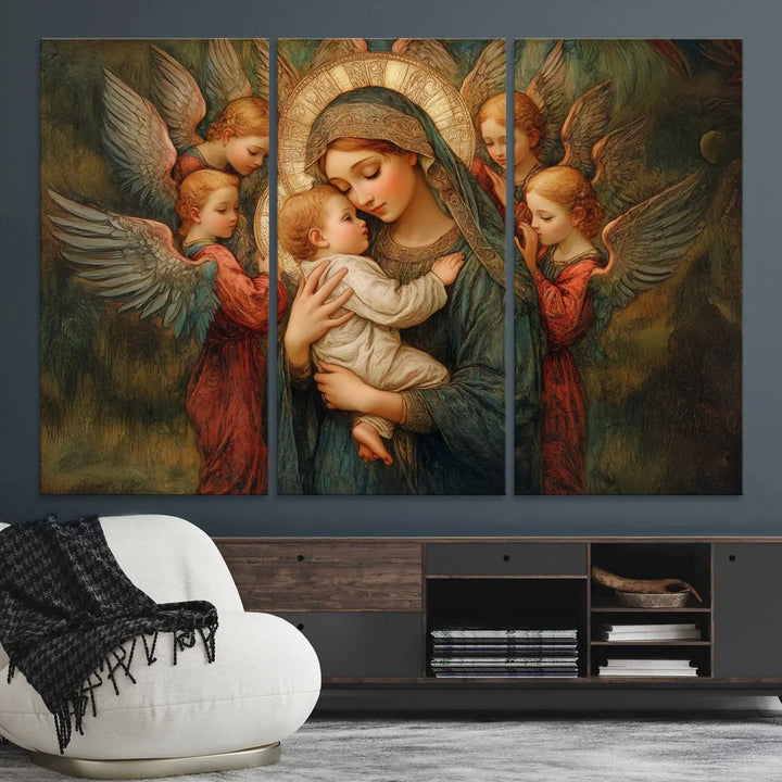 Mary Jesus Canvas Wall Art Print - Madonna and Child with Apostles Art Print - Classic Christian Artwork Print for Prayer or Church Decor