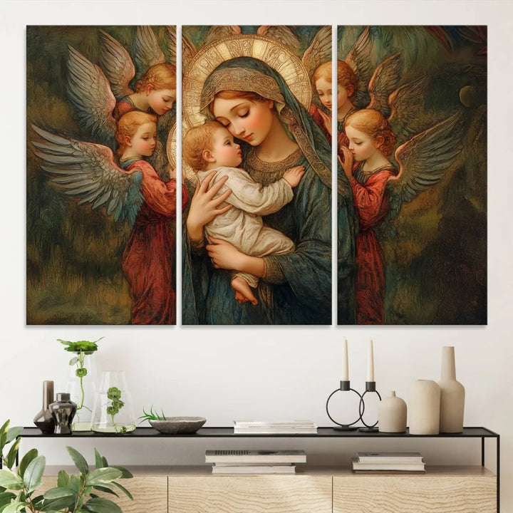 Mary Jesus Canvas Wall Art Print - Madonna and Child with Apostles Art Print - Classic Christian Artwork Print for Prayer or Church Decor