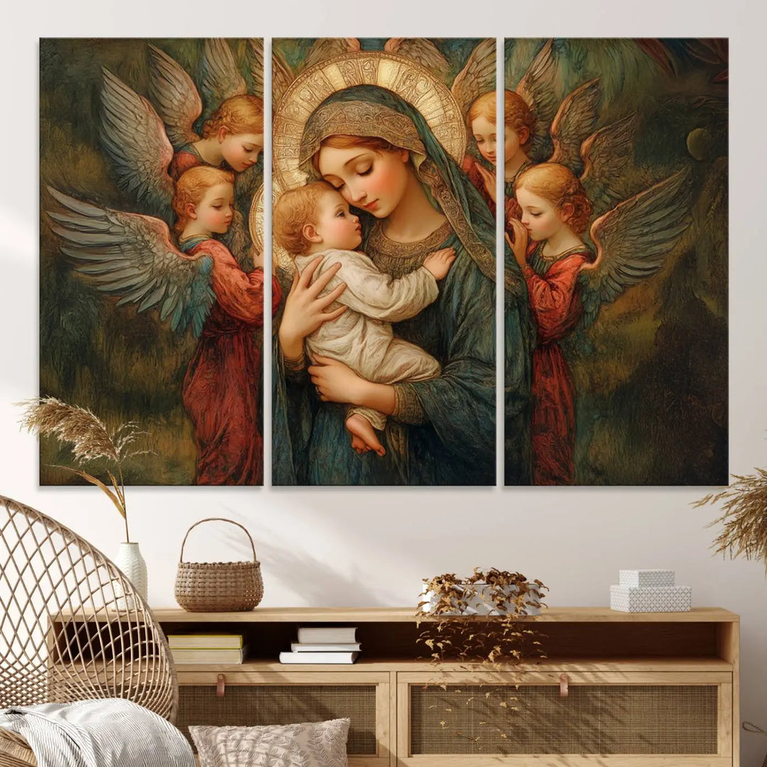 Mary Jesus Canvas Wall Art Print - Madonna and Child with Apostles Art Print - Classic Christian Artwork Print for Prayer or Church Decor