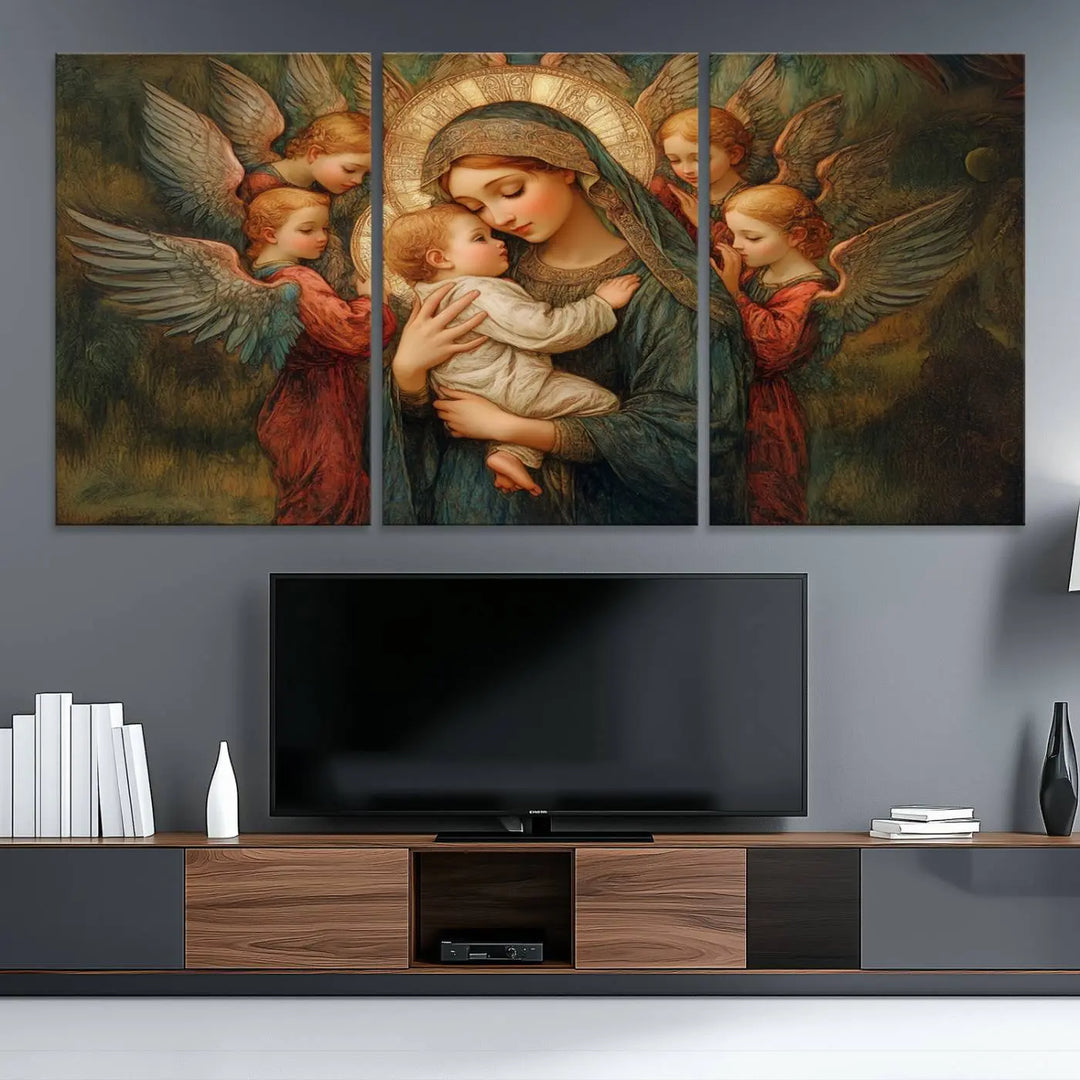 Mary Jesus Canvas Wall Art Print - Madonna and Child with Apostles Art Print - Classic Christian Artwork Print for Prayer or Church Decor