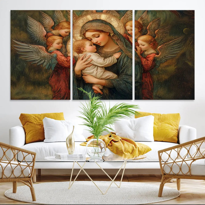 Mary Jesus Canvas Wall Art Print - Madonna and Child with Apostles Art Print - Classic Christian Artwork Print for Prayer or Church Decor