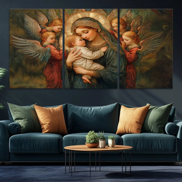 Mary Jesus Canvas Wall Art Print - Madonna and Child with Apostles Art Print - Classic Christian Artwork Print for Prayer or Church Decor