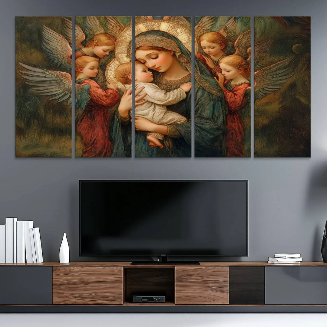 Mary Jesus Canvas Wall Art Print - Madonna and Child with Apostles Art Print - Classic Christian Artwork Print for Prayer or Church Decor