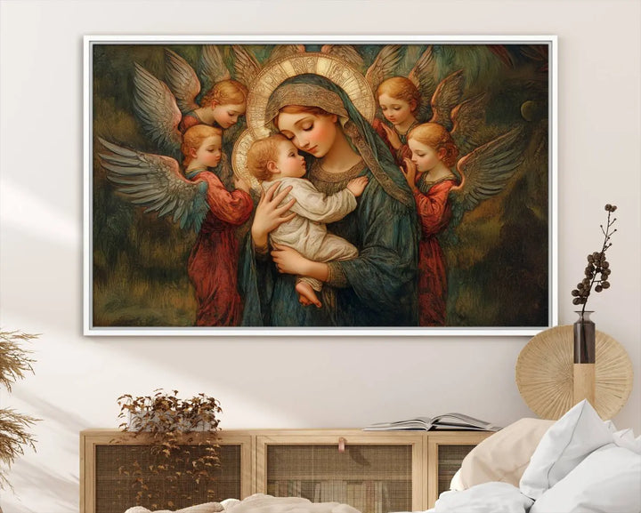 Mary Jesus Canvas Wall Art Print - Madonna and Child with Apostles Art Print - Classic Christian Artwork Print for Prayer or Church Decor