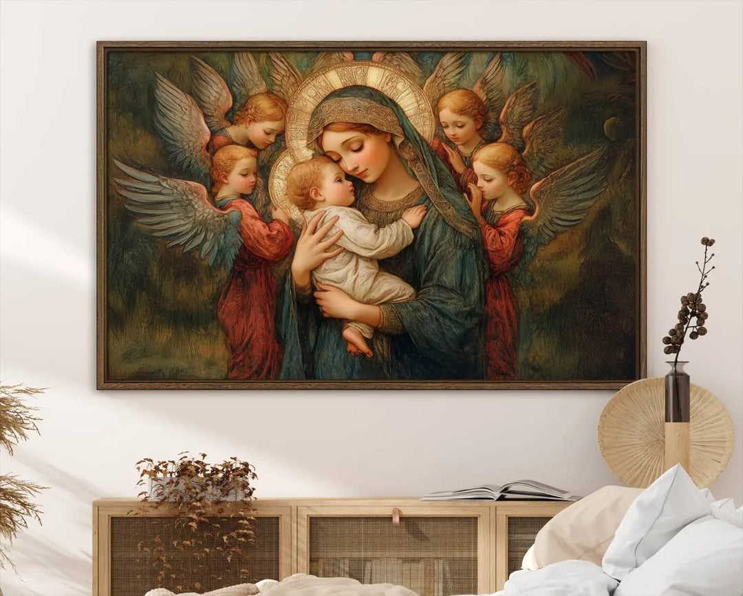 Mary Jesus Canvas Wall Art Print - Madonna and Child with Apostles Art Print - Classic Christian Artwork Print for Prayer or Church Decor