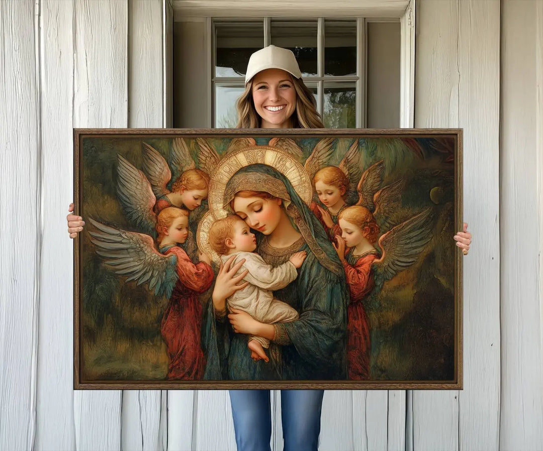 Mary Jesus Canvas Wall Art Print - Madonna and Child with Apostles Art Print - Classic Christian Artwork Print for Prayer or Church Decor