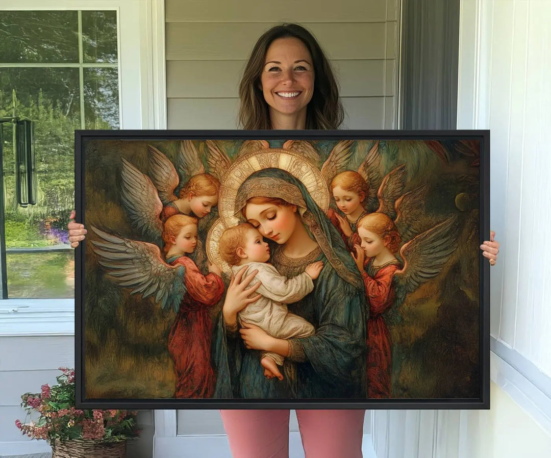 Mary Jesus Canvas Wall Art Print - Madonna and Child with Apostles Art Print - Classic Christian Artwork Print for Prayer or Church Decor