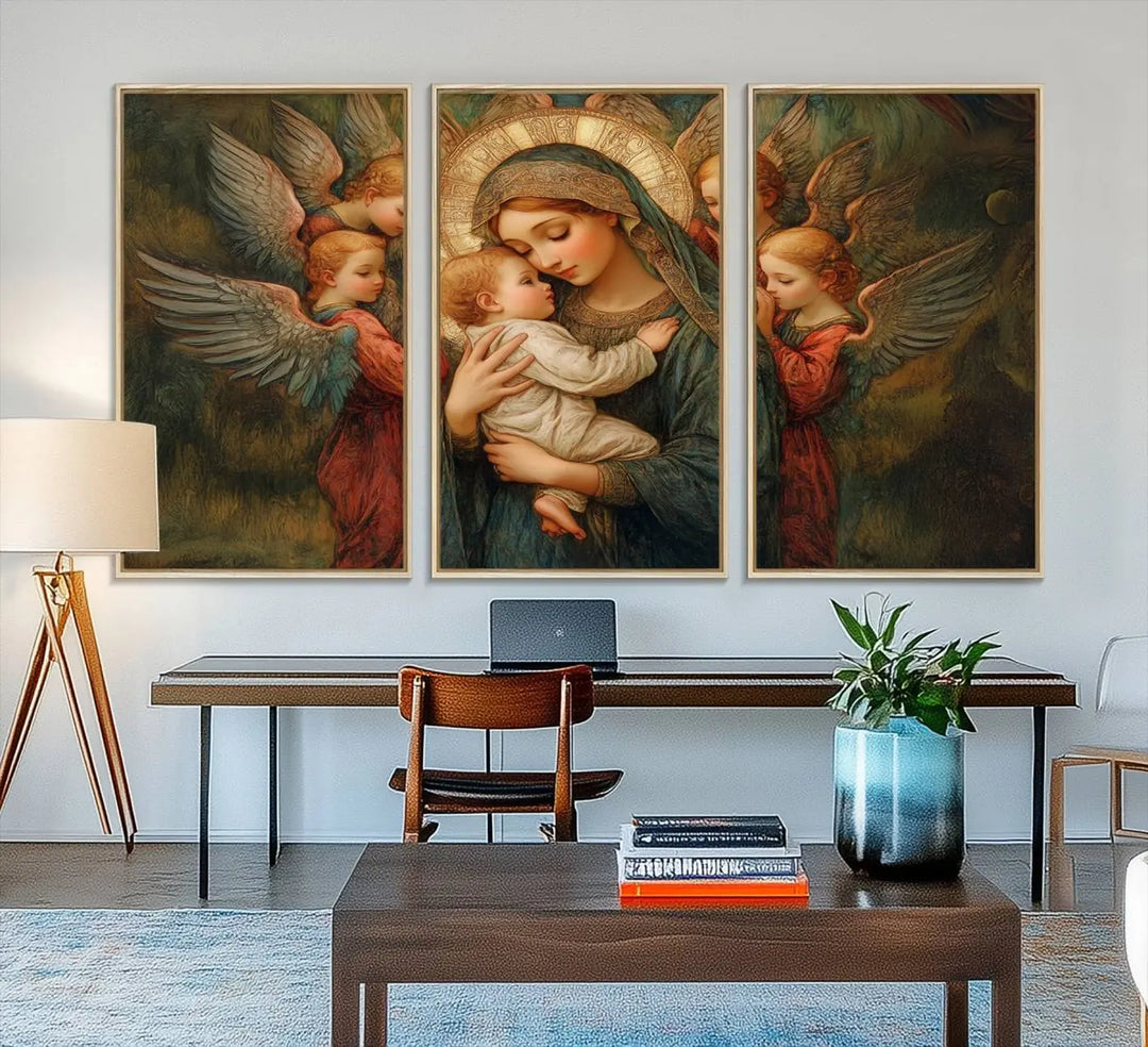 Mary Jesus Canvas Wall Art Print - Madonna and Child with Apostles Art Print - Classic Christian Artwork Print for Prayer or Church Decor