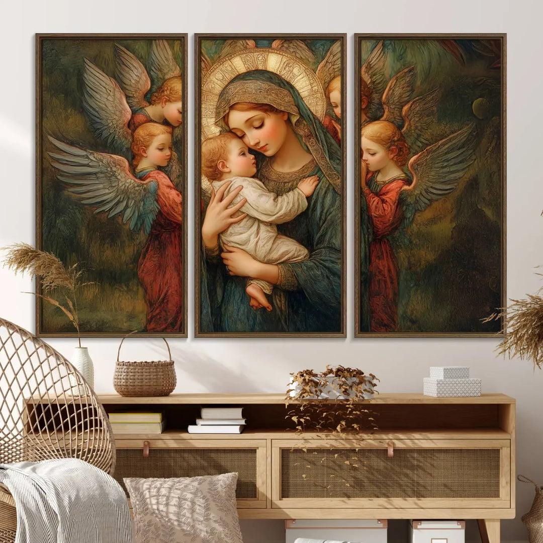 Mary Jesus Canvas Wall Art Print - Madonna and Child with Apostles Art Print - Classic Christian Artwork Print for Prayer or Church Decor